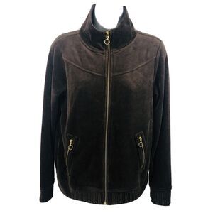NWT Amber Sun Nordstrom Full Zip Jacket Faux Suede Small Brown W/Gold Details